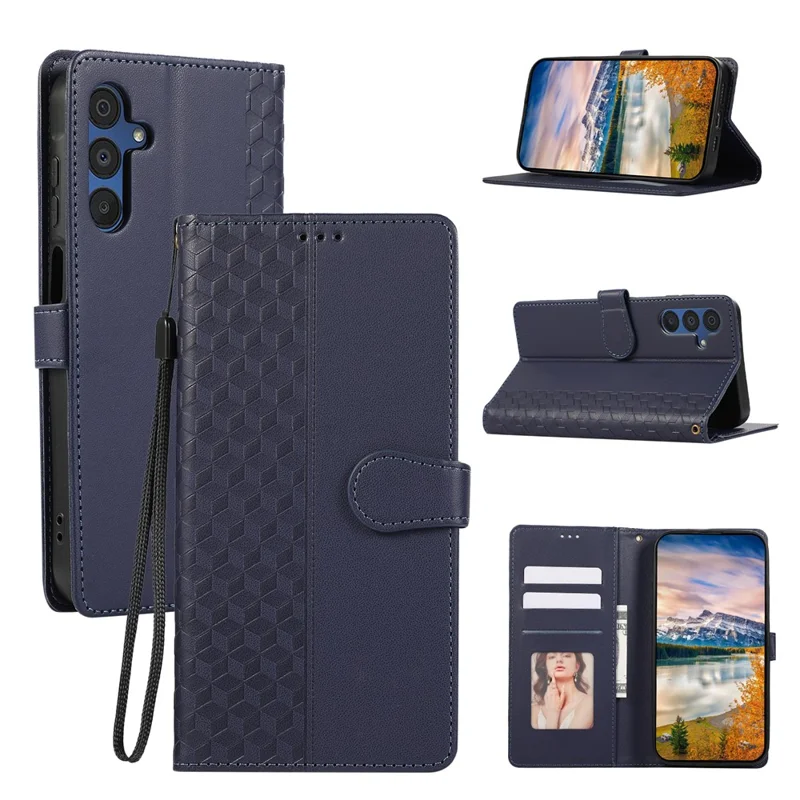 For Samsung Galaxy S26 Case 3D Rhombus Grid Imprinted Wallet Leather Phone Cover with Lanyard - Blue