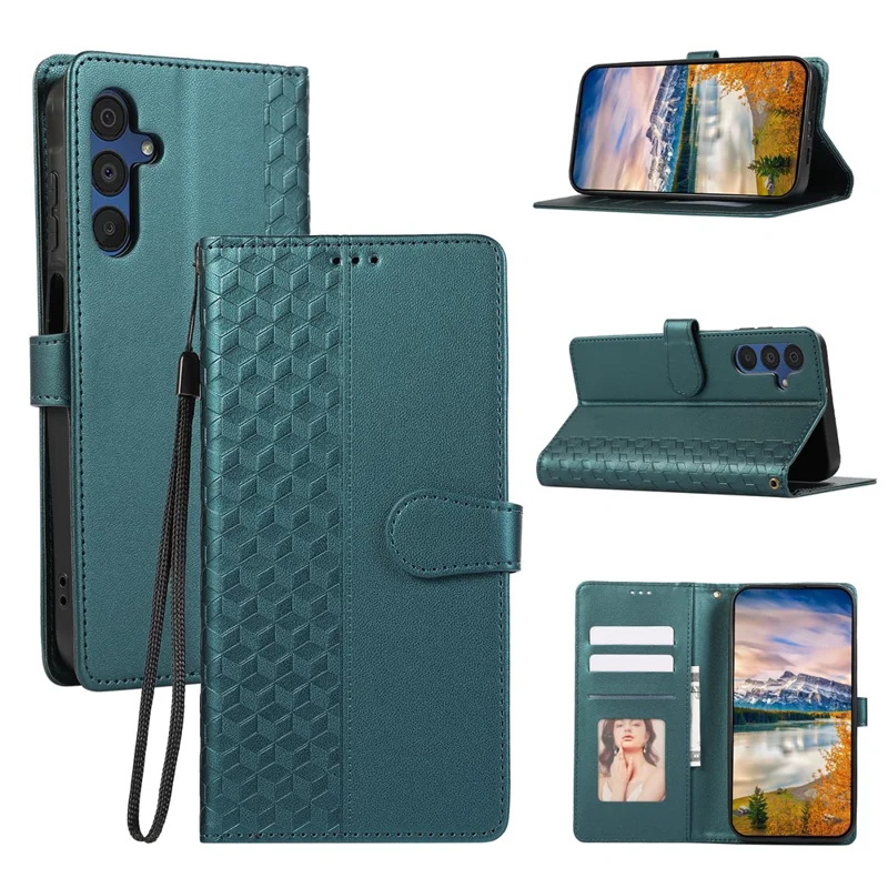 For Samsung Galaxy S26+ Case 3D Rhombus Grid Imprinted Wallet Leather Phone Cover with Lanyard - Green