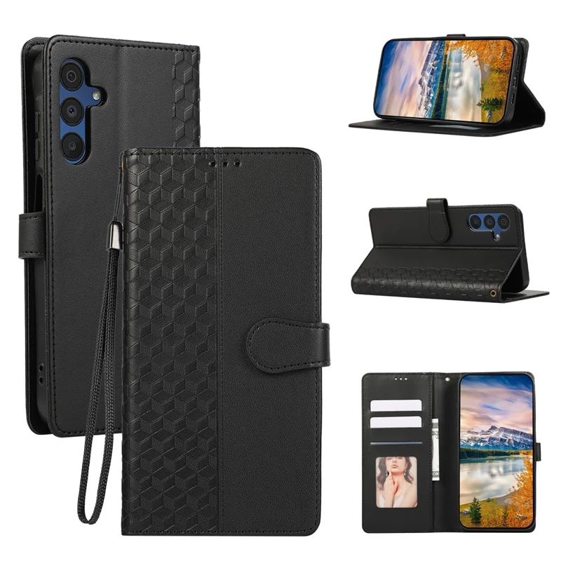 For Samsung Galaxy A57 5G Case 3D Rhombus Grid Imprinted Wallet Leather Phone Cover with Lanyard - Black