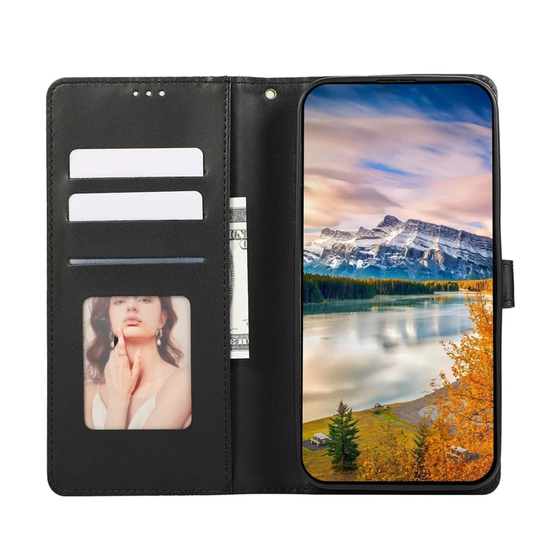 For Samsung Galaxy A57 5G Case 3D Rhombus Grid Imprinted Wallet Leather Phone Cover with Lanyard - Black