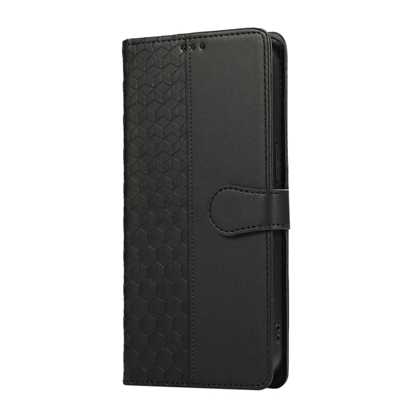 For Samsung Galaxy A57 5G Case 3D Rhombus Grid Imprinted Wallet Leather Phone Cover with Lanyard - Black