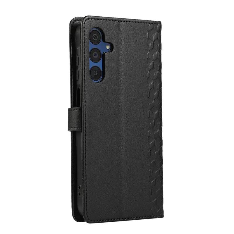 For Samsung Galaxy A57 5G Case 3D Rhombus Grid Imprinted Wallet Leather Phone Cover with Lanyard - Black