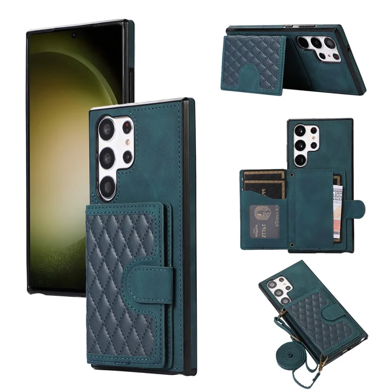 For Samsung Galaxy S26 Ultra Kickstand Phone Case TPU+PU Leather Shoulder Phone Bag - Green