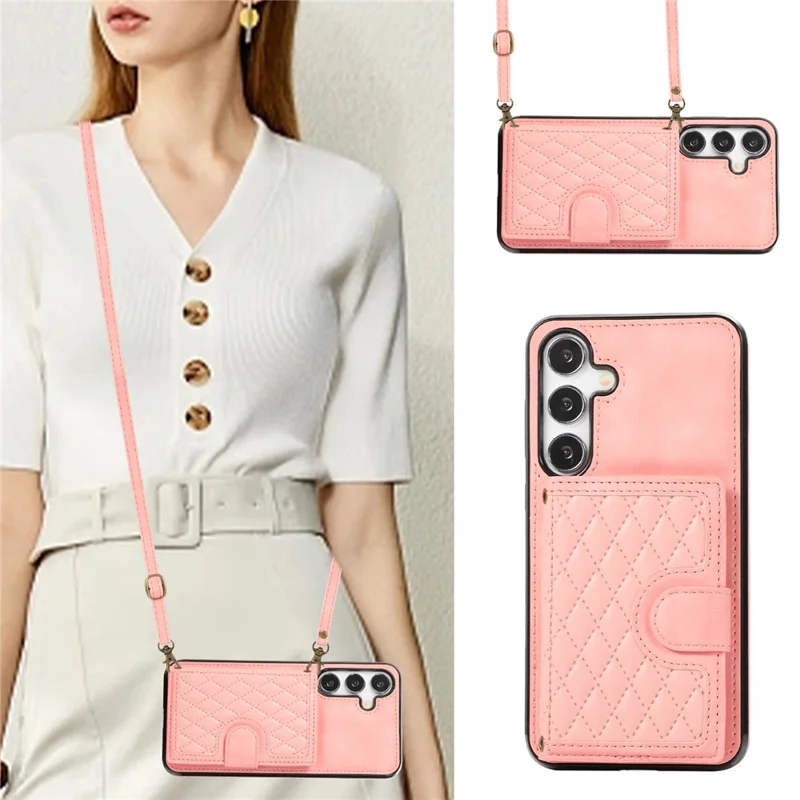 For Samsung Galaxy S26+ Kickstand Phone Case TPU+PU Leather Shoulder Phone Bag - Rose Gold