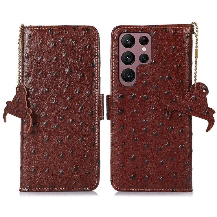 Per Samsung Galaxy S23 Ultra RFID Blocking Ostrich Pattern Genuine Cowhide Leather Case, Side Magnetic Closure Phone Case Anti-fall Stand Wallet Phone Cover - Caffè