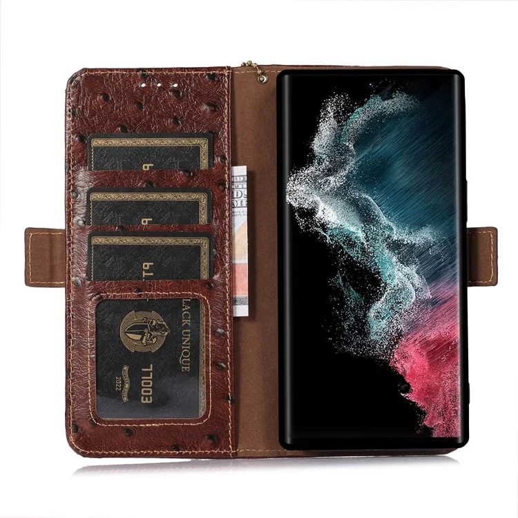 Per Samsung Galaxy S23 Ultra RFID Blocking Ostrich Pattern Genuine Cowhide Leather Case, Side Magnetic Closure Phone Case Anti-fall Stand Wallet Phone Cover - Caffè