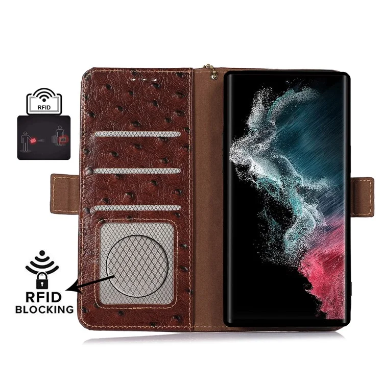 Per Samsung Galaxy S23 Ultra RFID Blocking Ostrich Pattern Genuine Cowhide Leather Case, Side Magnetic Closure Phone Case Anti-fall Stand Wallet Phone Cover - Caffè