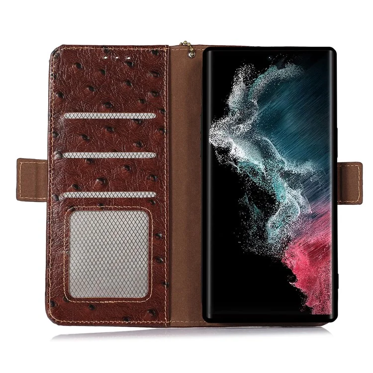 Per Samsung Galaxy S23 Ultra RFID Blocking Ostrich Pattern Genuine Cowhide Leather Case, Side Magnetic Closure Phone Case Anti-fall Stand Wallet Phone Cover - Caffè