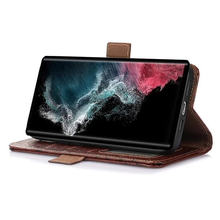 Per Samsung Galaxy S23 Ultra RFID Blocking Ostrich Pattern Genuine Cowhide Leather Case, Side Magnetic Closure Phone Case Anti-fall Stand Wallet Phone Cover - Caffè
