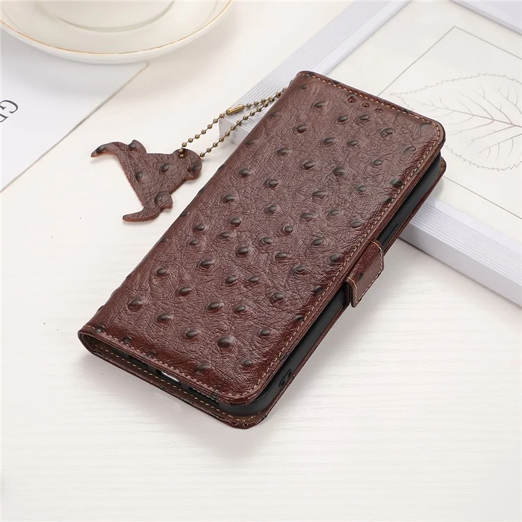 Per Samsung Galaxy S23 Ultra RFID Blocking Ostrich Pattern Genuine Cowhide Leather Case, Side Magnetic Closure Phone Case Anti-fall Stand Wallet Phone Cover - Caffè