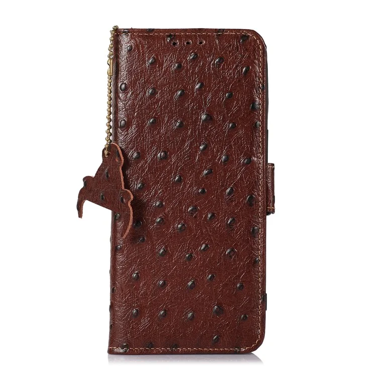 Per Samsung Galaxy S23 Ultra RFID Blocking Ostrich Pattern Genuine Cowhide Leather Case, Side Magnetic Closure Phone Case Anti-fall Stand Wallet Phone Cover - Caffè