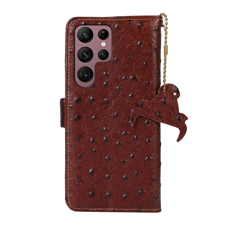 Per Samsung Galaxy S23 Ultra RFID Blocking Ostrich Pattern Genuine Cowhide Leather Case, Side Magnetic Closure Phone Case Anti-fall Stand Wallet Phone Cover - Caffè