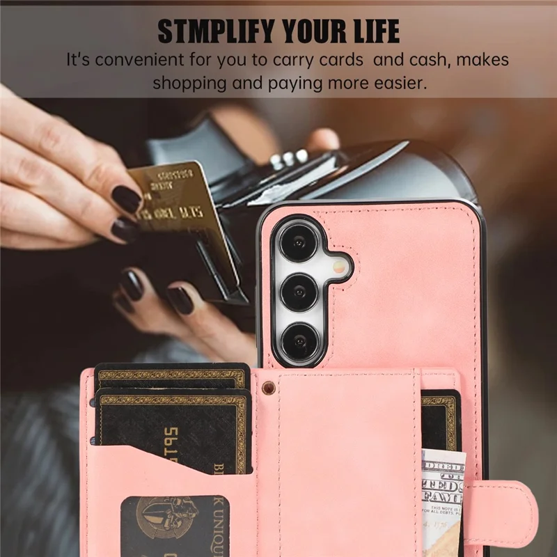 For Samsung Galaxy A57 5G Kickstand Phone Case TPU+PU Leather Shoulder Phone Bag - Rose Gold