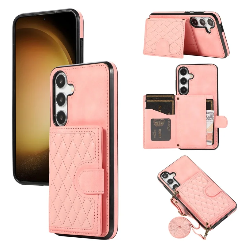 For Samsung Galaxy A37 5G Kickstand Phone Case TPU+PU Leather Shoulder Phone Bag - Rose Gold