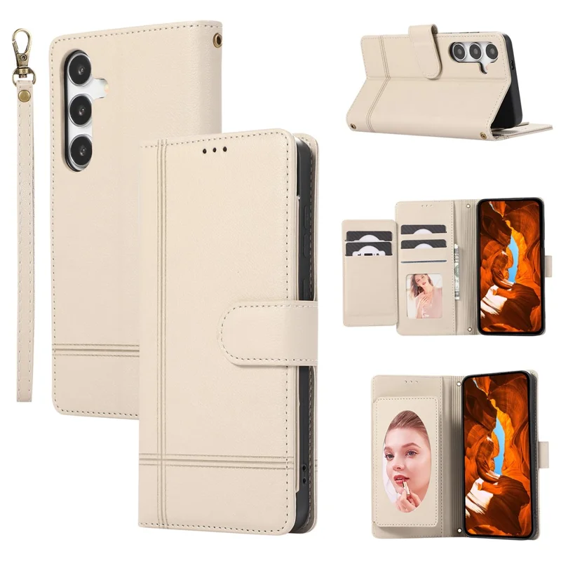 For Samsung Galaxy A57 5G Case TPU PU Leather Folio Flip Shockproof Phone Cover with Mirror - Beige