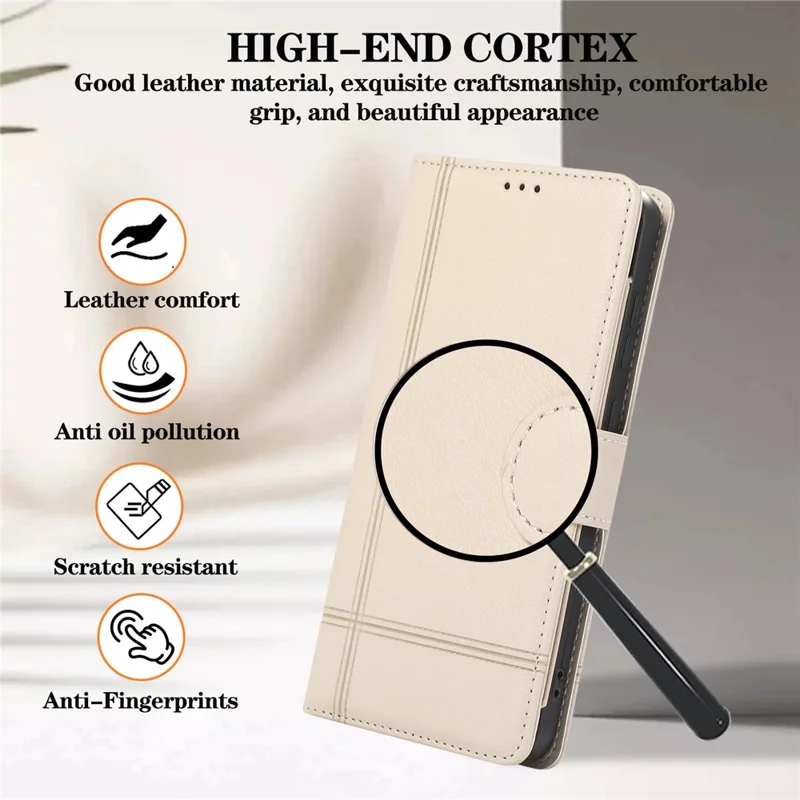 For Samsung Galaxy A57 5G Case TPU PU Leather Folio Flip Shockproof Phone Cover with Mirror - Beige