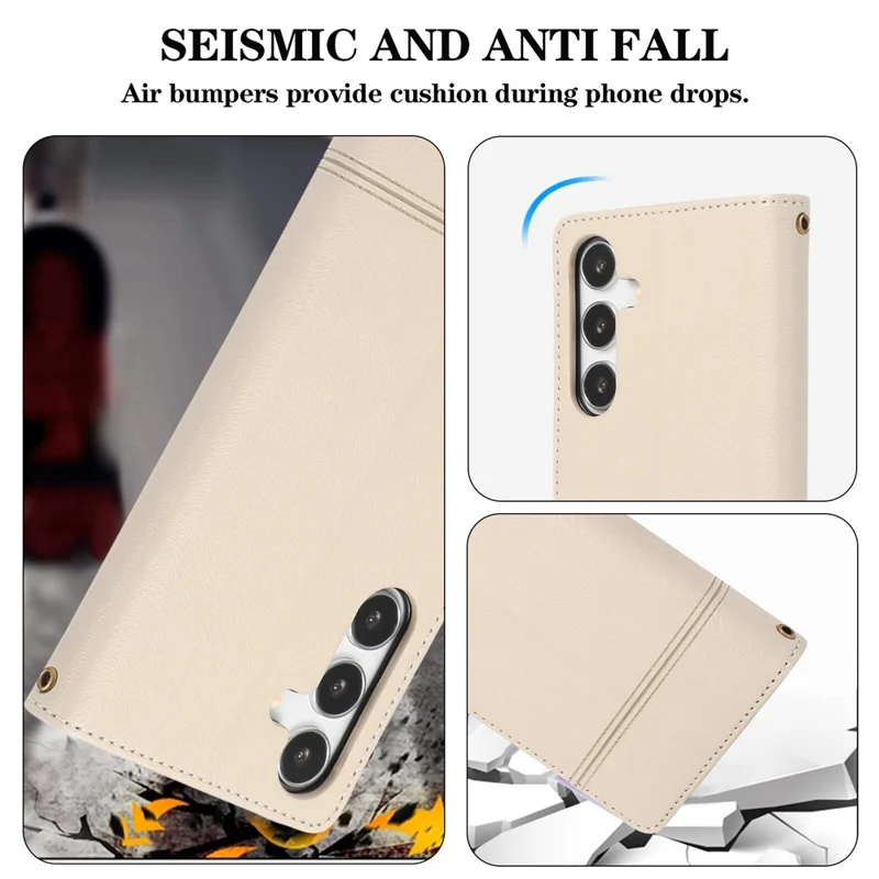 For Samsung Galaxy A57 5G Case TPU PU Leather Folio Flip Shockproof Phone Cover with Mirror - Beige