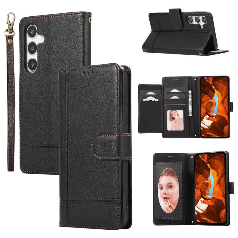 For Samsung Galaxy A37 5G Case TPU PU Leather Folio Flip Shockproof Phone Cover with Mirror - Black