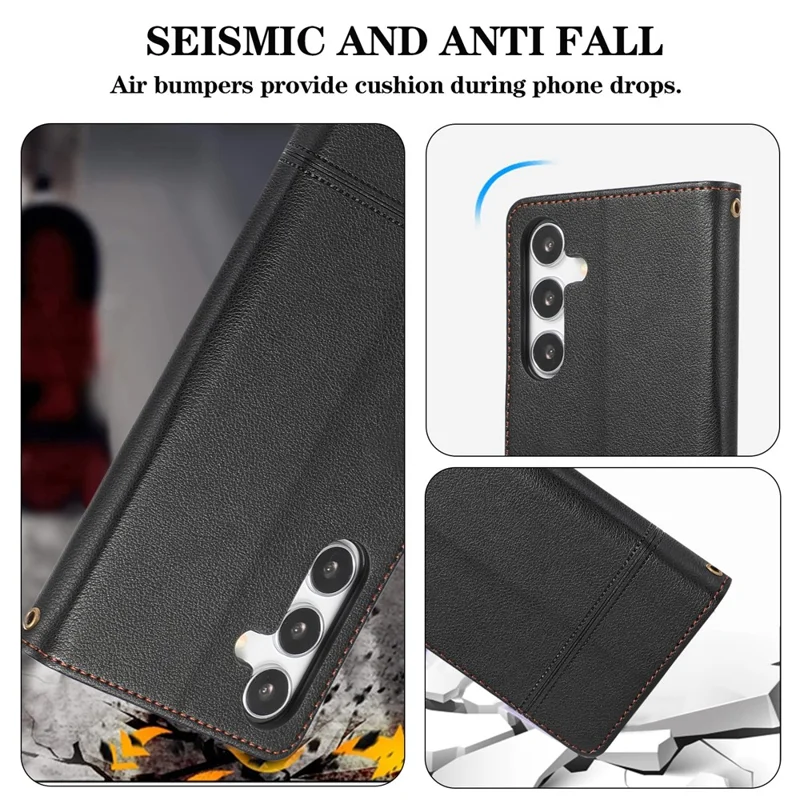 For Samsung Galaxy A37 5G Case TPU PU Leather Folio Flip Shockproof Phone Cover with Mirror - Black