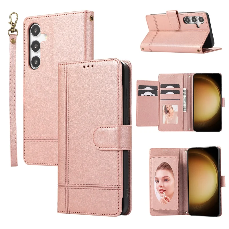 For Samsung Galaxy S26 Case TPU PU Leather Folio Flip Shockproof Phone Cover with Mirror - Rose Gold