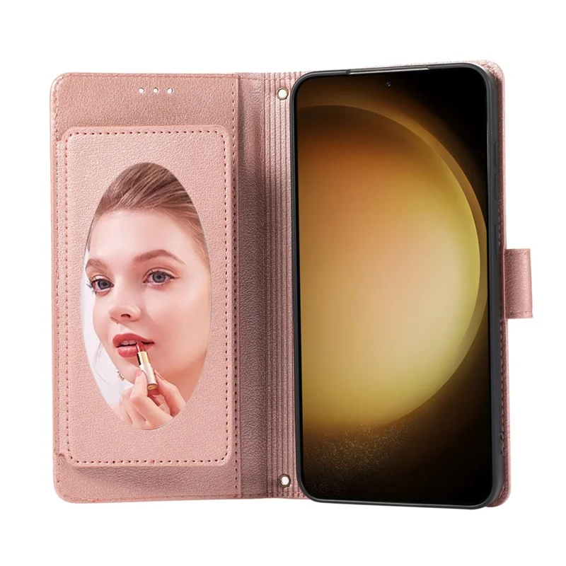 For Samsung Galaxy S26 Case TPU PU Leather Folio Flip Shockproof Phone Cover with Mirror - Rose Gold