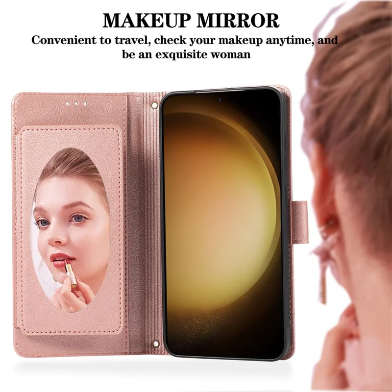 For Samsung Galaxy S26 Case TPU PU Leather Folio Flip Shockproof Phone Cover with Mirror - Rose Gold