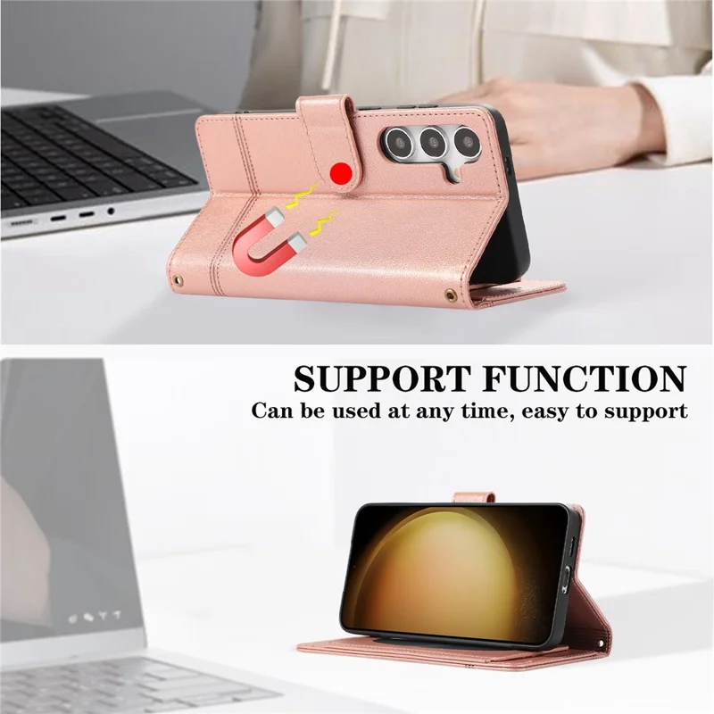 For Samsung Galaxy S26 Case TPU PU Leather Folio Flip Shockproof Phone Cover with Mirror - Rose Gold