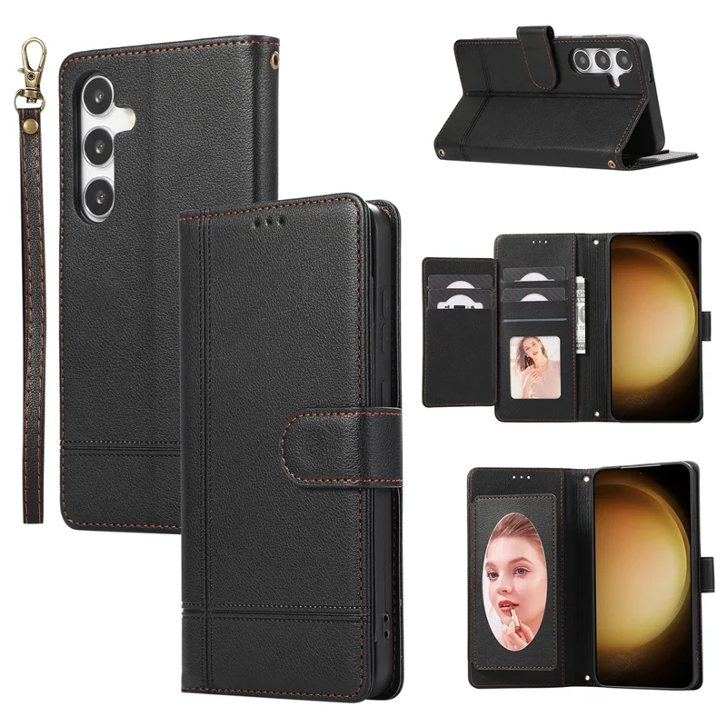 For Samsung Galaxy S26+ Case TPU PU Leather Folio Flip Shockproof Phone Cover with Mirror - Black