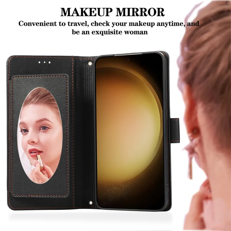 For Samsung Galaxy S26+ Case TPU PU Leather Folio Flip Shockproof Phone Cover with Mirror - Black