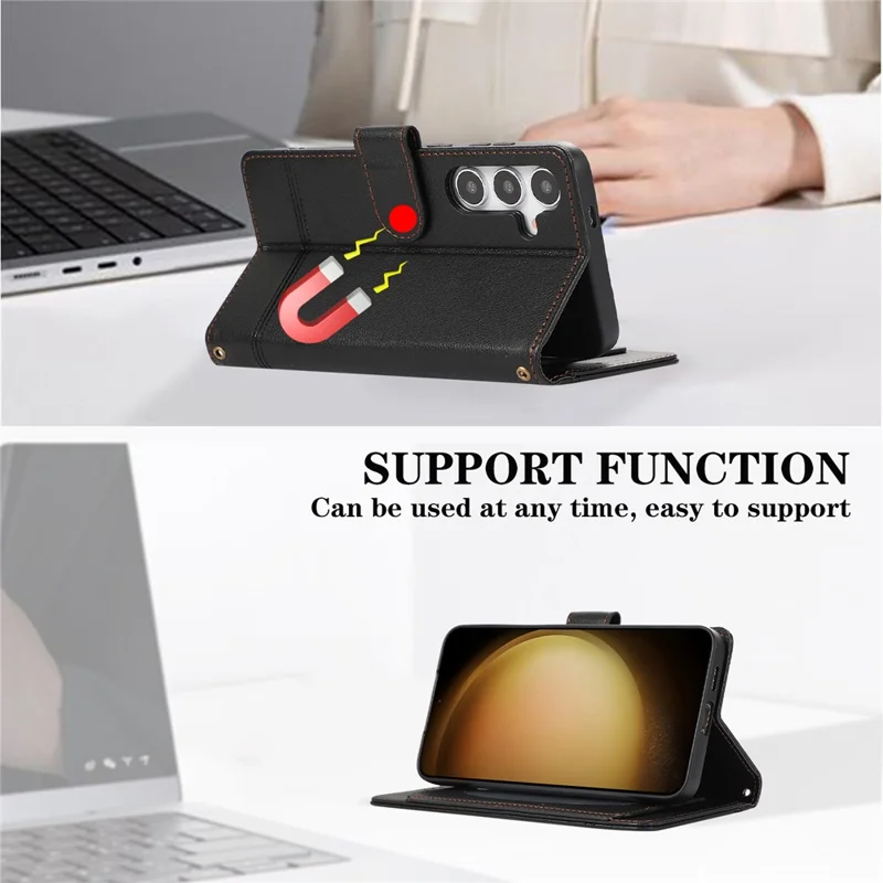 For Samsung Galaxy S26+ Case TPU PU Leather Folio Flip Shockproof Phone Cover with Mirror - Black