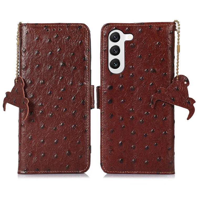 Per Samsung Galaxy S23 RFID Blocking Ostrich Pattern Genuine Cowhide Leather Case, Side Magnetic Closure Phone Case Wallet Phone Cover with Stand - Caffè