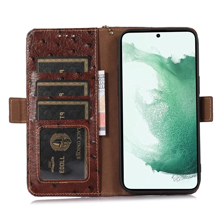 Per Samsung Galaxy S23 RFID Blocking Ostrich Pattern Genuine Cowhide Leather Case, Side Magnetic Closure Phone Case Wallet Phone Cover with Stand - Caffè