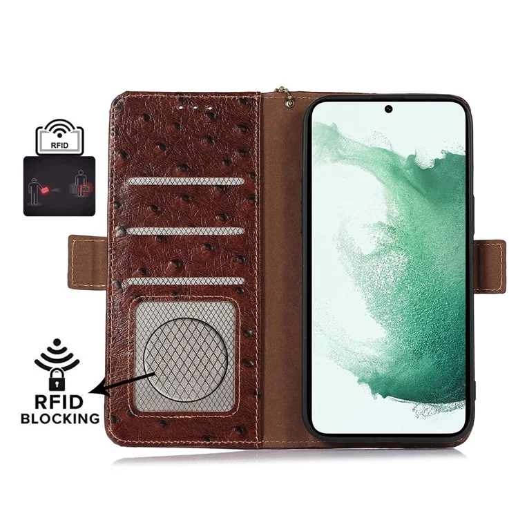 Per Samsung Galaxy S23 RFID Blocking Ostrich Pattern Genuine Cowhide Leather Case, Side Magnetic Closure Phone Case Wallet Phone Cover with Stand - Caffè