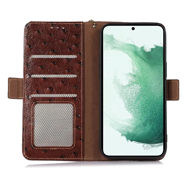 Per Samsung Galaxy S23 RFID Blocking Ostrich Pattern Genuine Cowhide Leather Case, Side Magnetic Closure Phone Case Wallet Phone Cover with Stand - Caffè