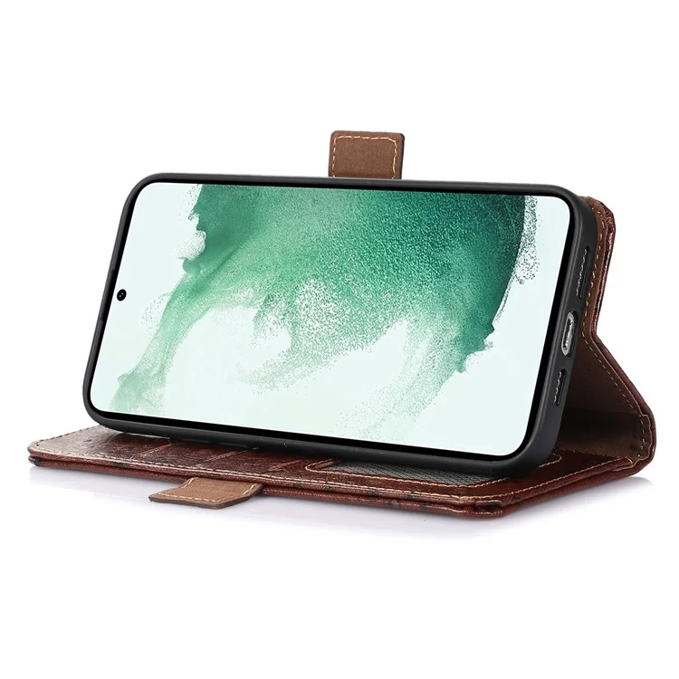 Per Samsung Galaxy S23 RFID Blocking Ostrich Pattern Genuine Cowhide Leather Case, Side Magnetic Closure Phone Case Wallet Phone Cover with Stand - Caffè