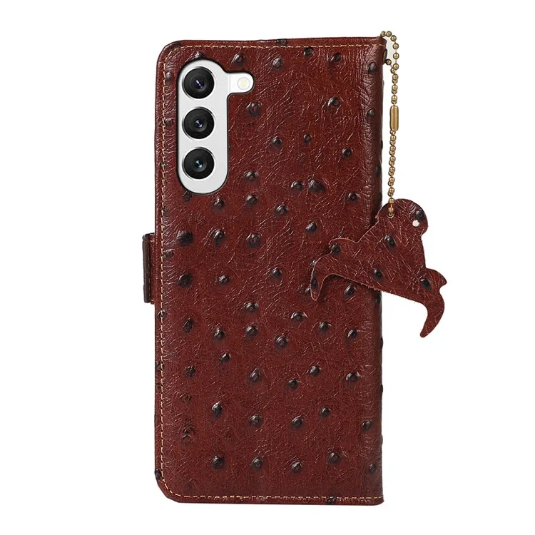 Per Samsung Galaxy S23 RFID Blocking Ostrich Pattern Genuine Cowhide Leather Case, Side Magnetic Closure Phone Case Wallet Phone Cover with Stand - Caffè