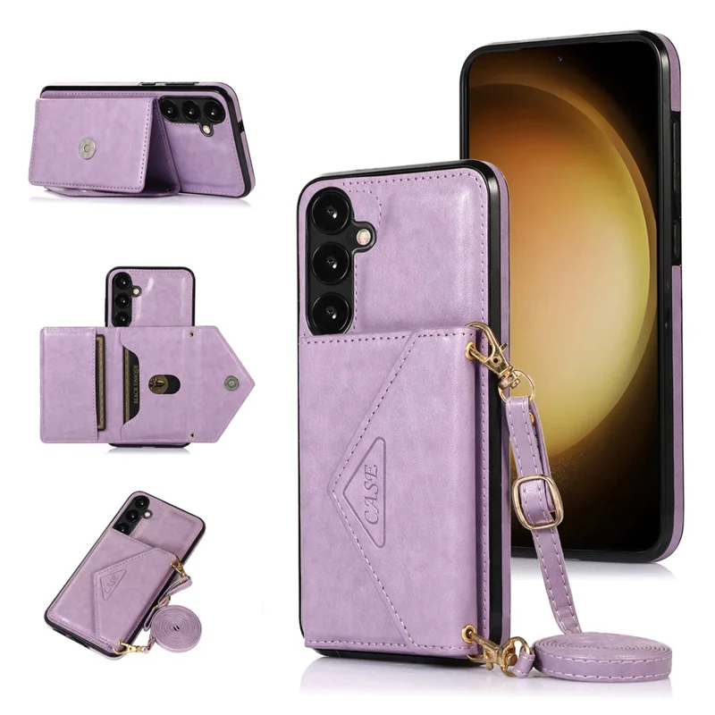 For Samsung Galaxy A37 5G Cell Phone Case Triangle Lid Card Bag Leather + TPU Cover with Long Strap - Purple
