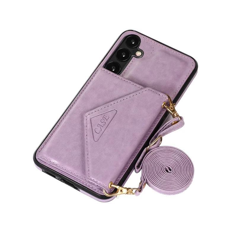 For Samsung Galaxy A37 5G Cell Phone Case Triangle Lid Card Bag Leather + TPU Cover with Long Strap - Purple