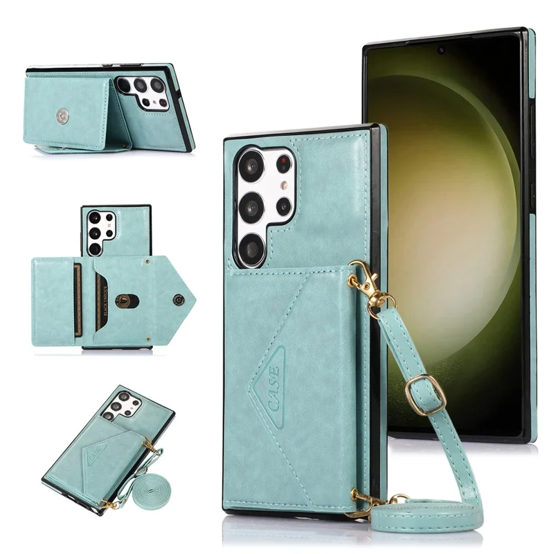 For Samsung Galaxy S26 Ultra Cell Phone Case Triangle Lid Card Bag Leather + TPU Cover with Long Strap - Green