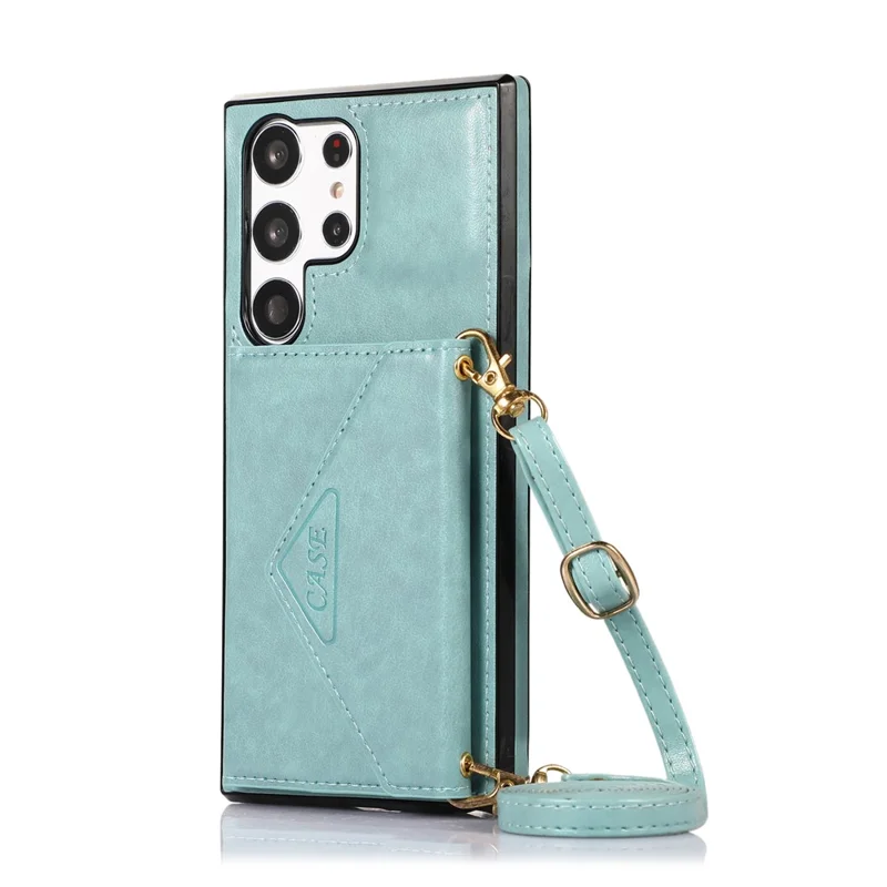 For Samsung Galaxy S26 Ultra Cell Phone Case Triangle Lid Card Bag Leather + TPU Cover with Long Strap - Green