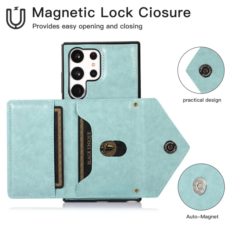 For Samsung Galaxy S26 Ultra Cell Phone Case Triangle Lid Card Bag Leather + TPU Cover with Long Strap - Green