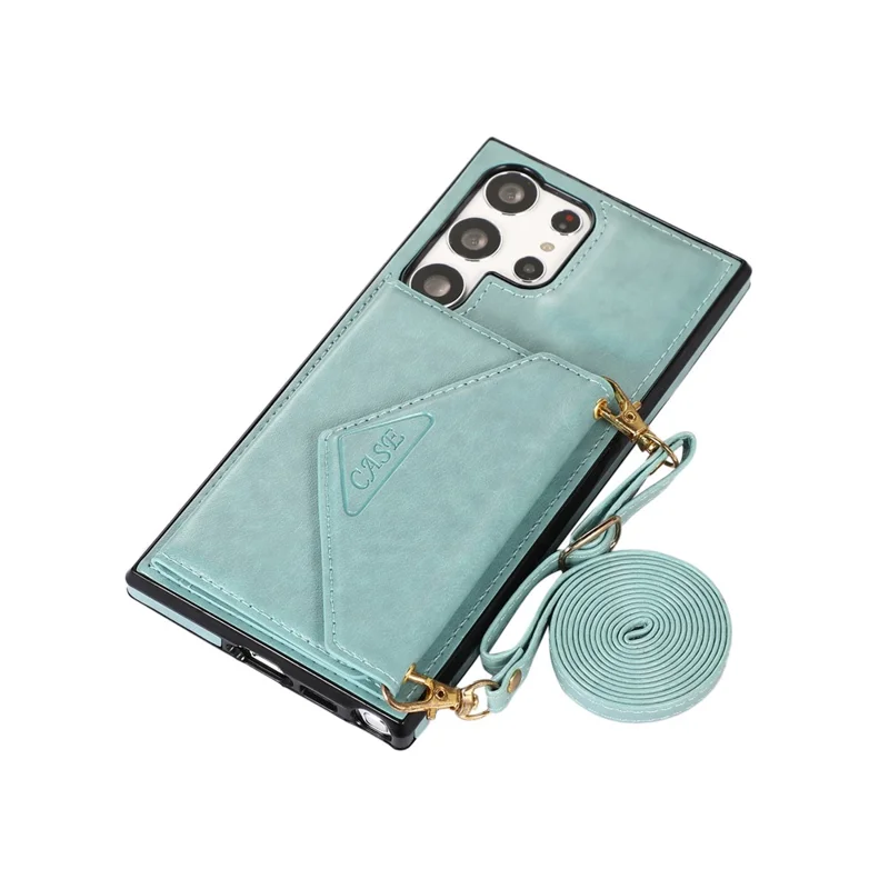 For Samsung Galaxy S26 Ultra Cell Phone Case Triangle Lid Card Bag Leather + TPU Cover with Long Strap - Green