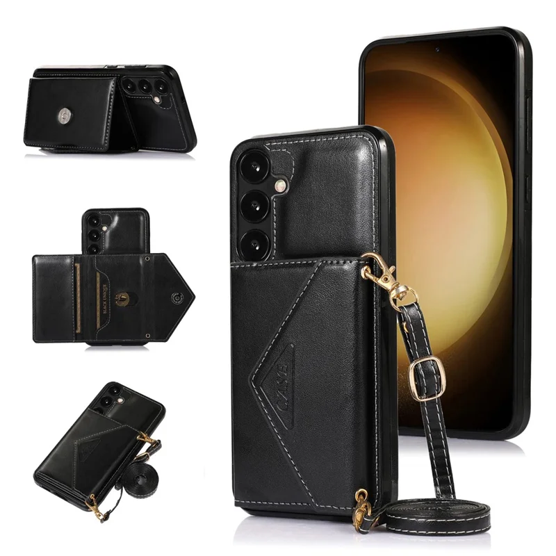 For Samsung Galaxy S26+ Cell Phone Case Triangle Lid Card Bag Leather + TPU Cover with Long Strap - Black