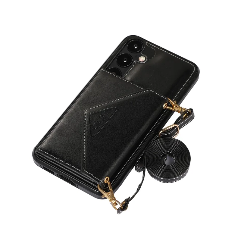 For Samsung Galaxy S26+ Cell Phone Case Triangle Lid Card Bag Leather + TPU Cover with Long Strap - Black