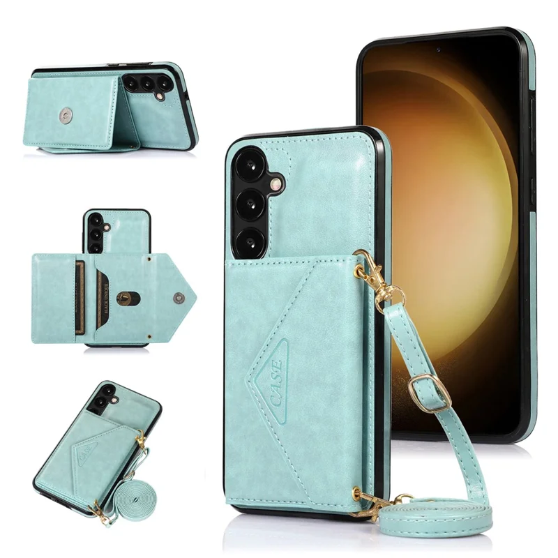 For Samsung Galaxy S26 Cell Phone Case Triangle Lid Card Bag Leather + TPU Cover with Long Strap - Green