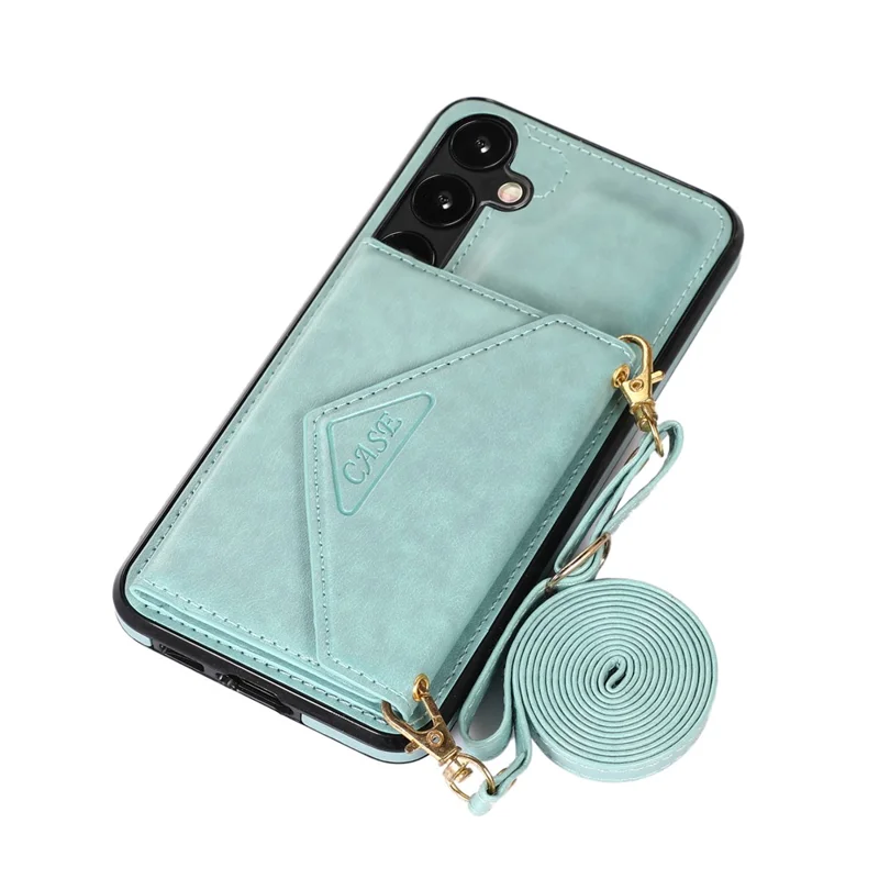 For Samsung Galaxy S26 Cell Phone Case Triangle Lid Card Bag Leather + TPU Cover with Long Strap - Green