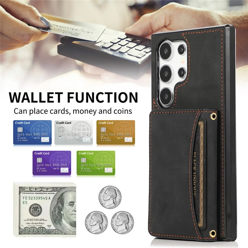 For Samsung Galaxy S26 Ultra Phone Case Tri-Fold Wallet Kickstand PU Leather + TPU Back Cover - Black