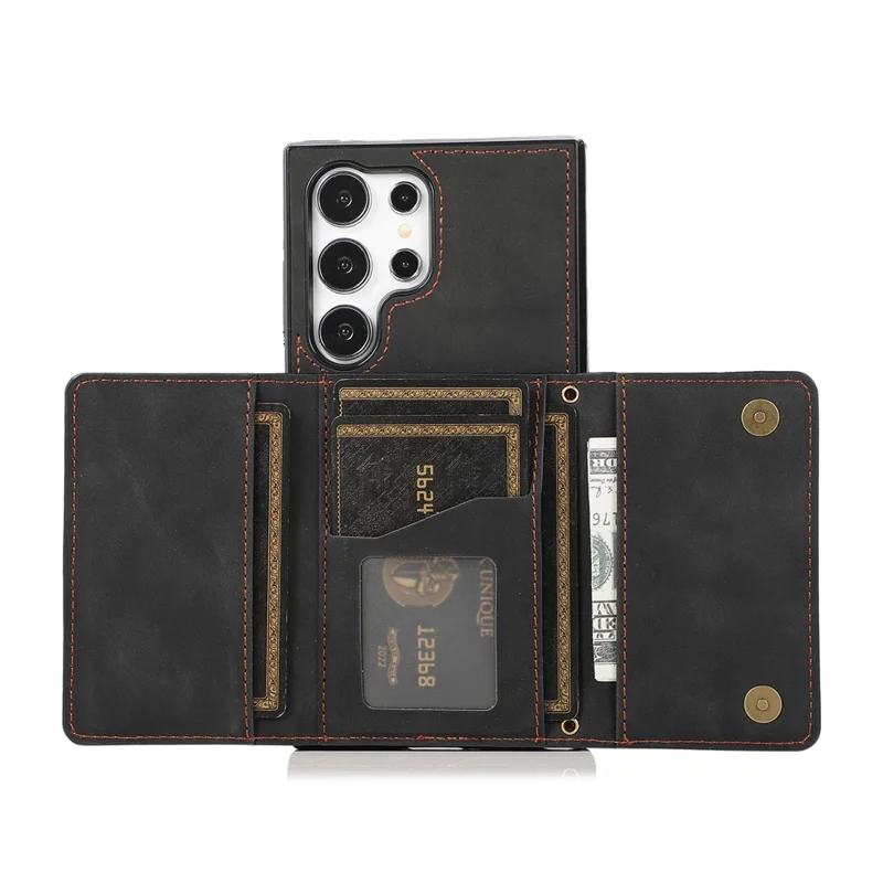 For Samsung Galaxy S26 Ultra Phone Case Tri-Fold Wallet Kickstand PU Leather + TPU Back Cover - Black