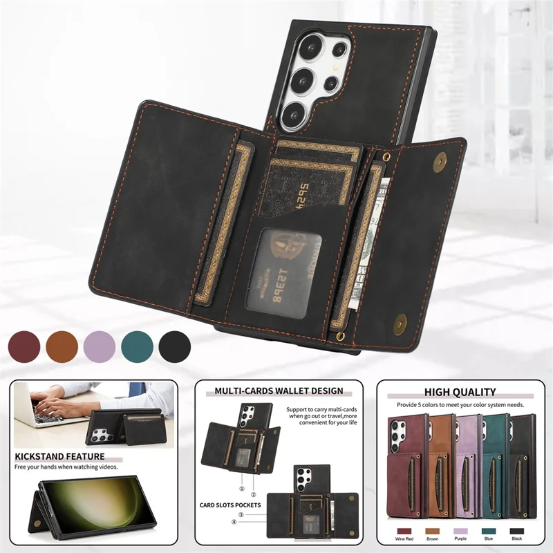 For Samsung Galaxy S26 Ultra Phone Case Tri-Fold Wallet Kickstand PU Leather + TPU Back Cover - Black