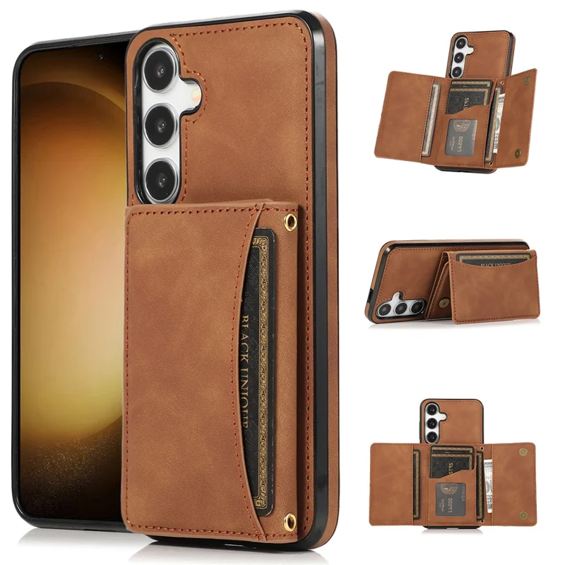 For Samsung Galaxy S26 Phone Case Tri-Fold Wallet Kickstand PU Leather + TPU Back Cover - Brown